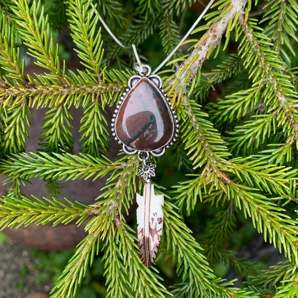 Bloodstone & carved elk bone feather pendant